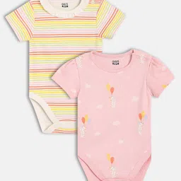 MINI KLUB Cotton Knit Pack of 2 Half Sleeves Striped & Dog Printed Onesies - Pink & Orange-picture-35