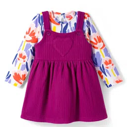 Babyhug Cotton Knit Full Sleeves Frock & Inner T-Shirt With Floral Print - Wine & White image 1