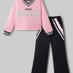 Pine Kids Single Jersey Knit Full Sleeves Top & Palazzo Set with Stockholm Text Print - Pink & Black-picture-32