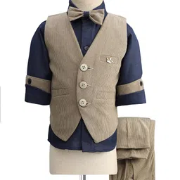 Rikidoos Full Sleeves Ribbed 3 Piece Party Suit Set With Bow - Navy Blue & Grey-picture-11