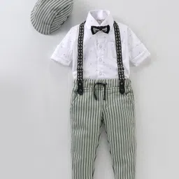 Dapper Dudes Full Sleeves Striped Shirt & Pant Set With Suspender Bow & Cap - Pista-picture-38