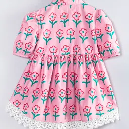 Hugsntugs Cotton Woven Half Puffed Sleeves Floral Printed & Lace Detailed Frock Style Top - Pink image 3