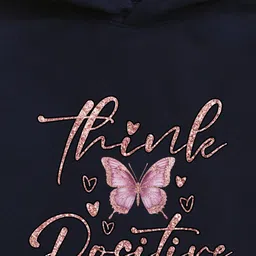 NUSYL Fleece Full Sleeves Shimmered Think Positive Text & Buttery Printed Hoodie - Navy Blue image 4