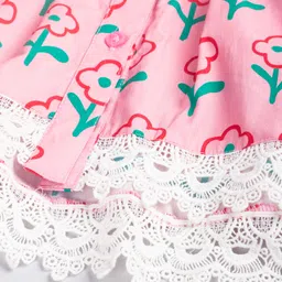 Hugsntugs Cotton Woven Half Puffed Sleeves Floral Printed & Lace Detailed Frock Style Top - Pink image 4