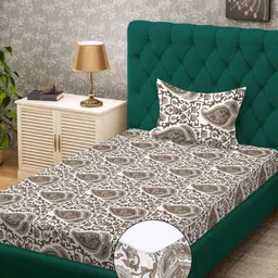 KLOTTHE Beige & Brown Floral Printed 300 TC Fitted Single Bedsheet - 2.25 m x 1.50 m-picture-30