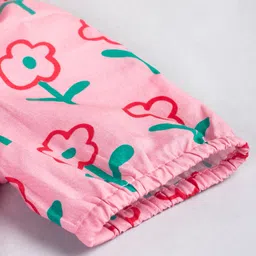 Hugsntugs Cotton Woven Half Puffed Sleeves Floral Printed & Lace Detailed Frock Style Top - Pink image 5