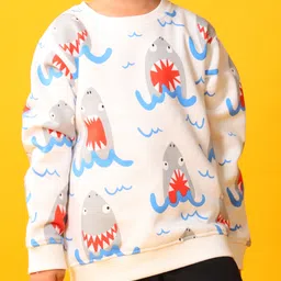 Anthrilo Fleece Knit Full Sleeves Shark Printed Sweatshirt & Joggers Set - Off White & Black image 5