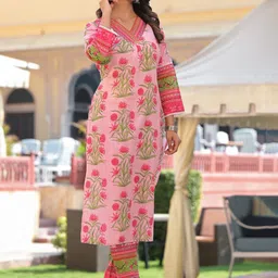 AUTUMN LANE Pavitra Candy Floral Printed V-Neck Pure Cotton Kurta With Trousers image 2
