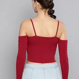 Veni Vidi Vici Women Maroon Solid Bardot Crop Top image 5