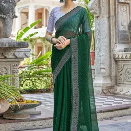 Satrani Dark Green Embellished Saree With Unstitched Blouse-image-8