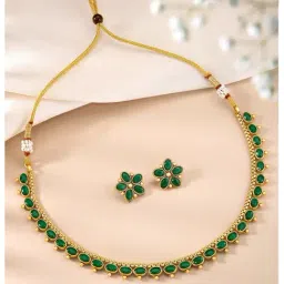 Peora Gold Plated Green Synthetic Stone Studded Necklace Stud Earrings Set-picture-48