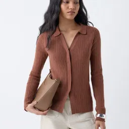 LOV by Westside Brown Ribbed-Textured Cardigan-image-2