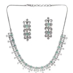 Aatmana Silver-Plated White & Sea Green AD-Studded Handcrafted Necklace & Earring Set image 3
