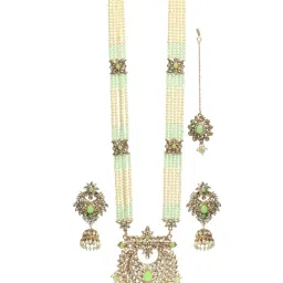 Aatmana Mint Green & White Gold-Plated Kundan Necklace Set with Maang Tikka image 3
