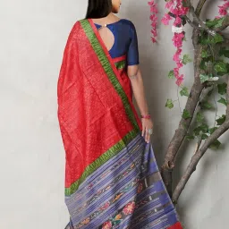 Unnati Silks Red & Blue Silk Printed Saree With Unstitched Blouse image 2