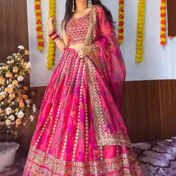 FABPIXEL Embroidered Sequinned Shibori Semi-Stitched Lehenga & Unstitched Blouse With Dupatta-picture-15