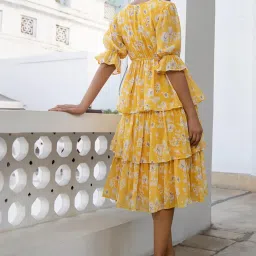 Janasya Yellow Floral Print A-Line Dress image 2