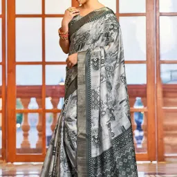 Satrani Grey Silk Geometric Print Saree With Unstitched Blouse image 2