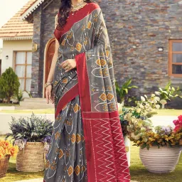 Satrani Grey & Maroon Cotton Printed Saree With Unstitched Blouse image 2