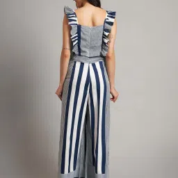 Brinns White & Blue Regular Fit Striped Jumpsuit image 2