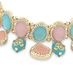 Zaveri Pearls Turquoise Blue Pink Ethnic Choker Necklace Earring Maangtikka Ring Set-ZPFK15977 image 3