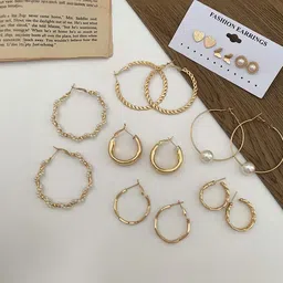 Zaphariq Set Of 9 Silver-Plated Pearls Beaded Circular Hoop Earrings image 5