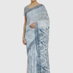 Fabindia Sky Blue Cotton Printed Saree-image-1