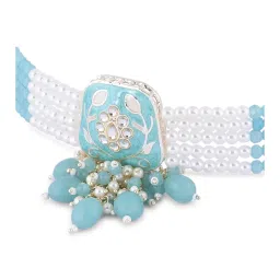 Zaveri Pearls Turquoise Blue Meenakari Beaded Kundan Choker Necklace Earring & Ring Set-ZPFK16504 image 3