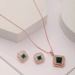 Saraf RS Jewellery Rose Gold Plated Emerald Green AD Studded Square Pendant & Earrings Set-picture-30