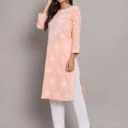 PARAMOUNT CHIKAN Peach Cotton Lucknowi Chikankari Straight Kurta image 3