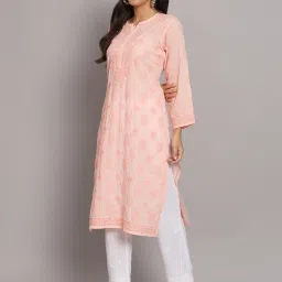PARAMOUNT CHIKAN Peach Cotton Lucknowi Chikankari Straight Kurta image 3