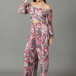 SHOWOFFFF Pink Floral Print Crop Top With Palazzos image 3