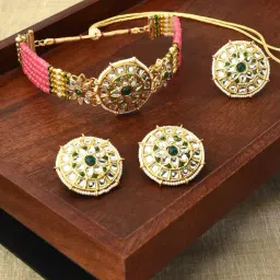 Zaveri Pearls Pink & Green Beaded Traditional Kundan Choker Necklace Earring & Ring Set-ZPFK11068-picture-37