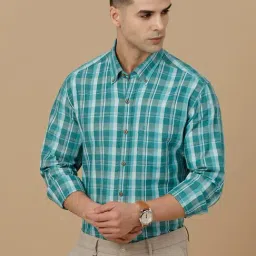 CAVALLO by Linen Club Green Linen Blend Slim fit Checks casual shirts image 3