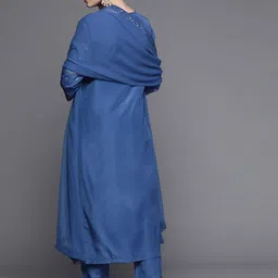 Biba Women Blue & Golden Ethnic Motifs Printed Kurta with Trousers & With Dupatta image 4