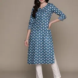 Anubhutee Navy Cotton Printed Straight Kurta-image-0