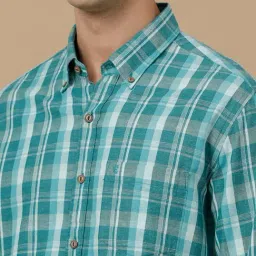 CAVALLO by Linen Club Green Linen Blend Slim fit Checks casual shirts image 5