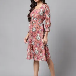 Janasya Peach Floral Print A Line Dress image 3