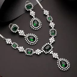 Saraf RS Jewellery Silver Toned Emerald Green Studded Statement Jewellery Set-picture-35