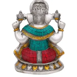 CraftVatika Silver-Toned & Turquoise Blue Handcrafted Sitting On Lotus Ganesha Brass Idol image 2