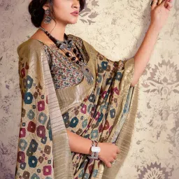 Satrani Beige Silk Printed Saree With Unstitched Blouse image 2