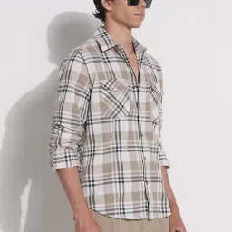 SHOWOFFFF Cream Cotton Relaxed Fit Checks Shirt image 3