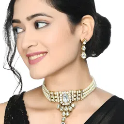JOHARKAMAL Gold Plated Artificial Stones Studded And Pearls Beaded Jewellery Set image 2