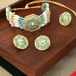 Zaveri Pearls Turquoise Blue & Green Beads Kundan Pearls Choker Necklace Earring Ring Set-ZPFK11070-picture-42