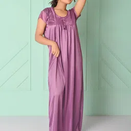 Apratim Women Embroidered Round Neck Short Sleeves Maxi Nightdress-picture-39