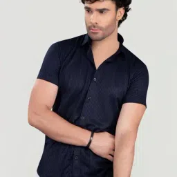 Almaty Navy Blue Cotton Slim Fit Shirt-picture-17