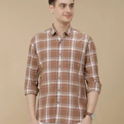 CAVALLO by Linen Club Brown Linen Blend Slim fit Checks casual shirts-picture-37