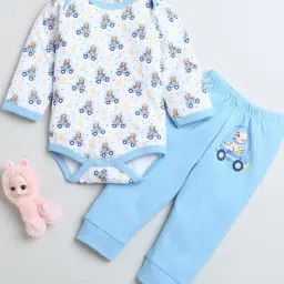 Bumzee Boys Blue & White Printed Full Sleeves Bodysuit With Pyjamas-picture-35