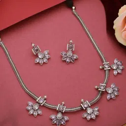 Saraf RS Jewellery Silver Oxidized Finish Stone Studded Flower Motif Jewellery Set-picture-24