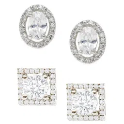 OOMPH Combo of 2 Silver Cubic Zirconia Oval and Square Ear Stud Earrings for Women image 2